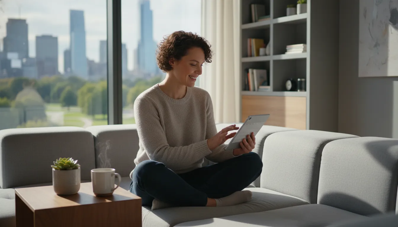 Pessoa relaxada em casa com tablet, refletindo flexibilidade e autonomia do trabalho intermitente e vida pessoal.