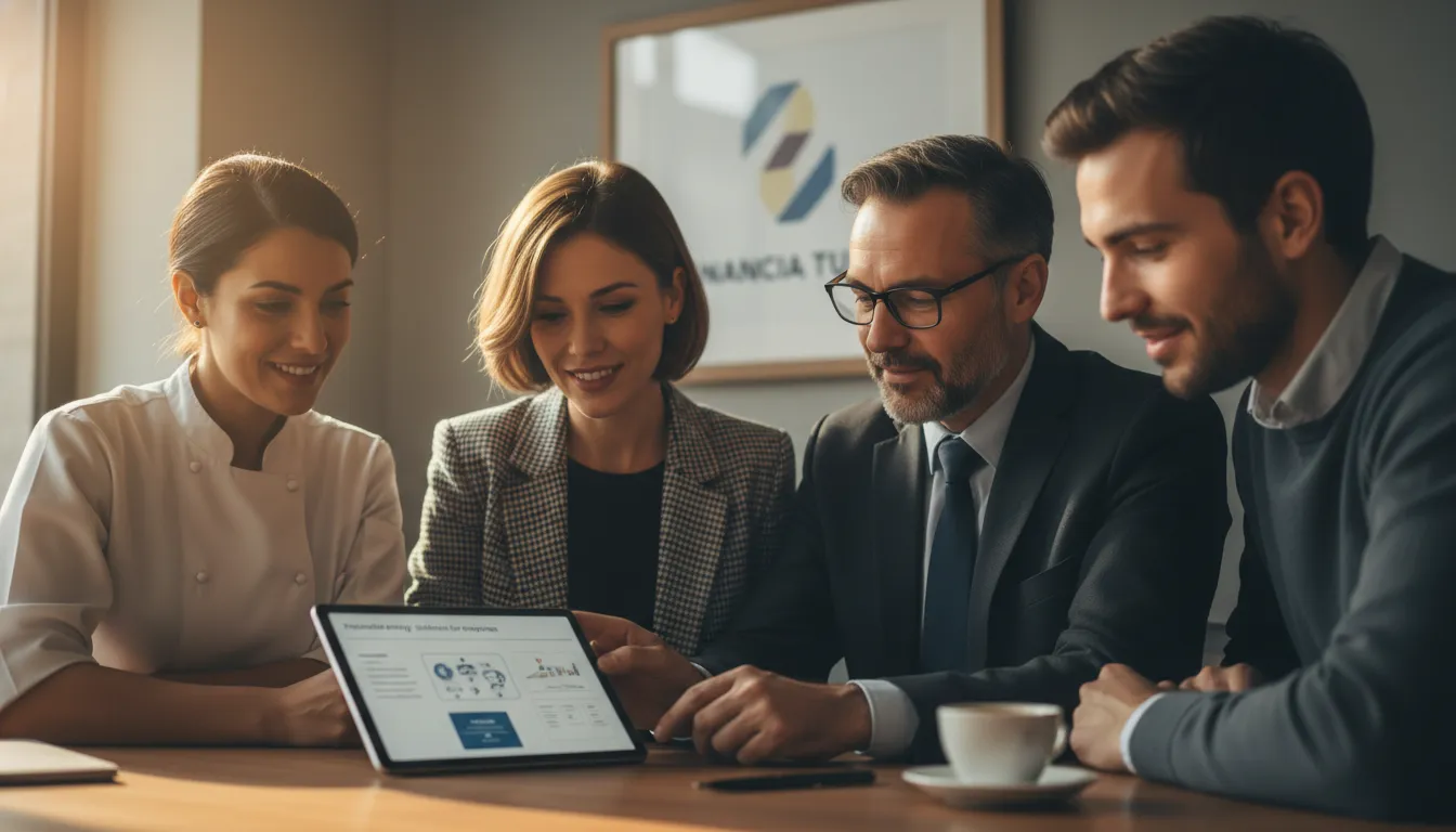 Empresários discutem contrato de energia solar comércio em tablet, com logo Financia Tudo ao fundo, simbolizando decisão inteligente.