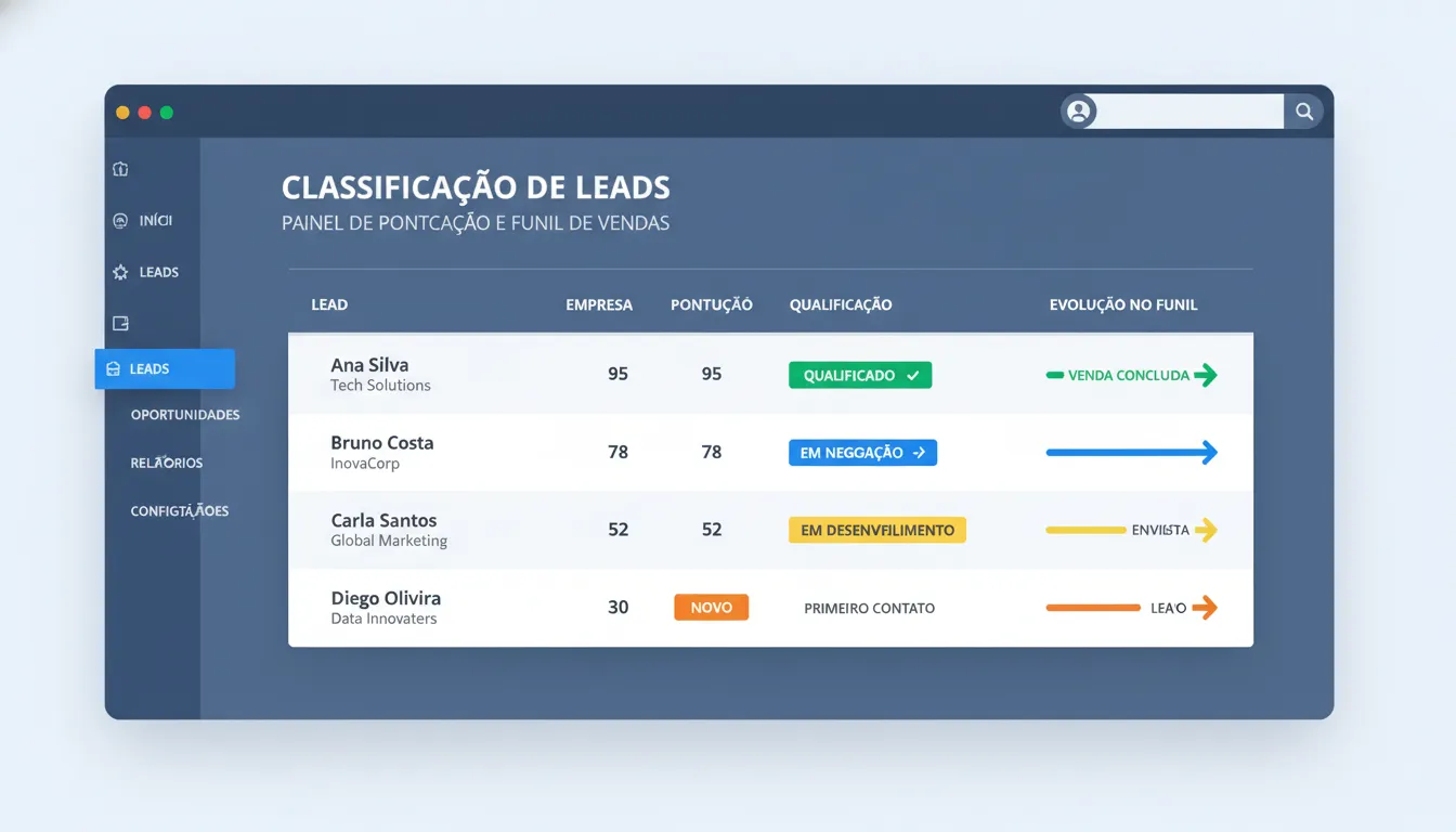 Painel digital mostrando qualificação e pontuação de leads em CRM