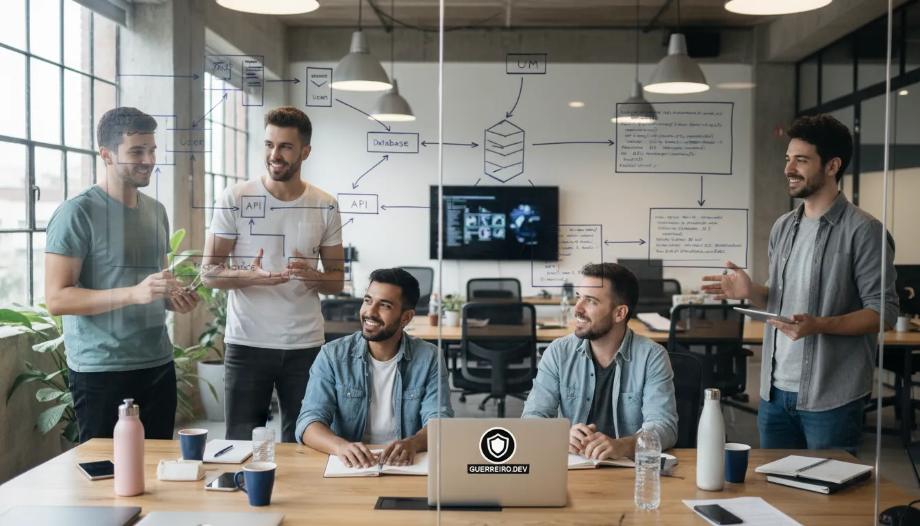 Equipe diversa colaborando ativamente no desenvolvimento de software, com diagramas e flowcharts, demonstrando a criação de soluções eficazes.