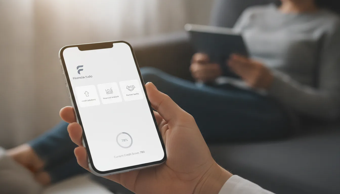 Mão usando aplicativo Financia Tudo no celular, mostrando como conseguir indicações de crédito online.
