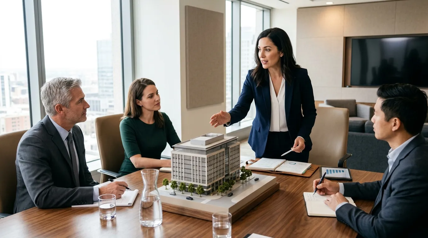 Consultoria financeira sobre uso de imóvel e home equity para empresa em reunião estratégica corporativa.