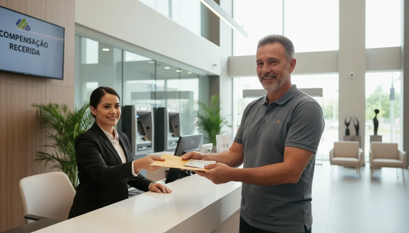 Trabalhador recebendo pagamento de verbas rescisórias em agência bancária moderna com expressão de alívio