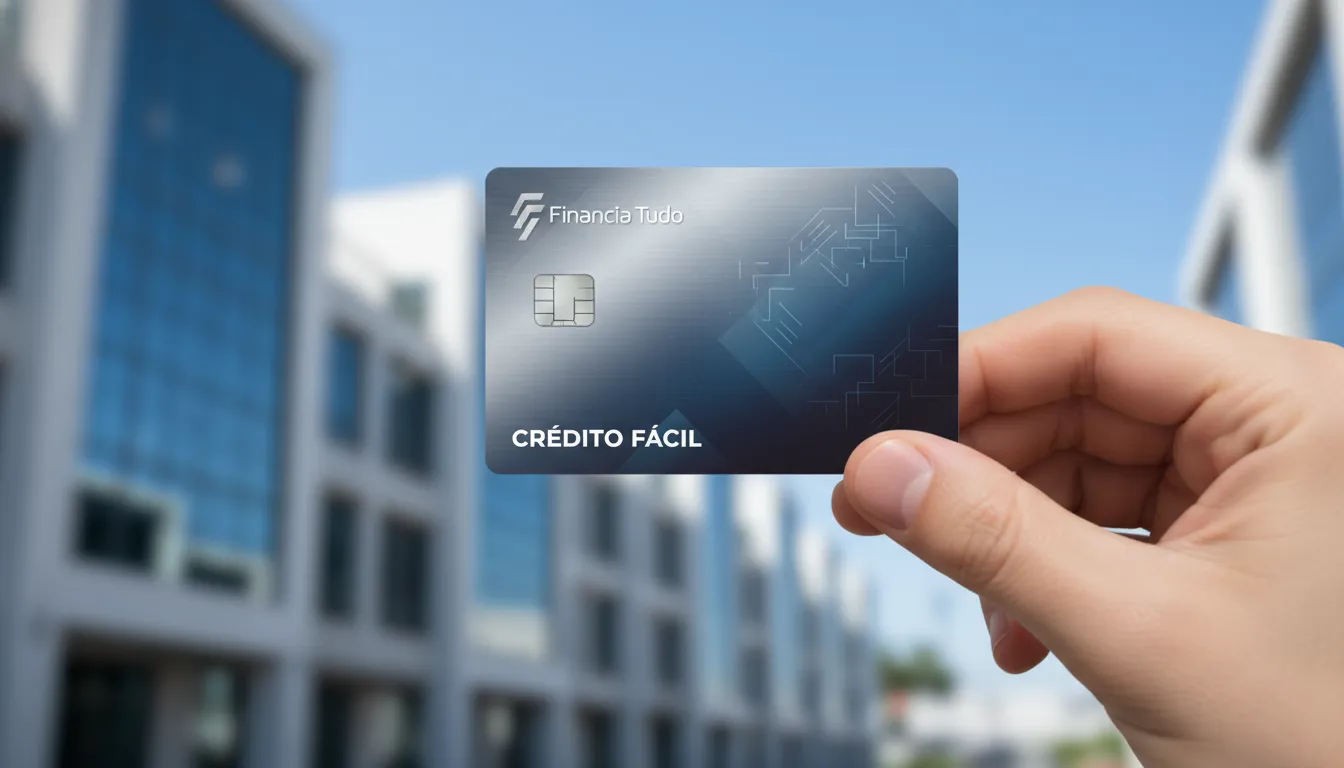 Close-up de uma pessoa segurando um cartão de crédito nos bancos, com edifícios bancários ao fundo, simbolizando a facilidade e o acesso ao crédito. Logotipo da Financia Tudo discreto.