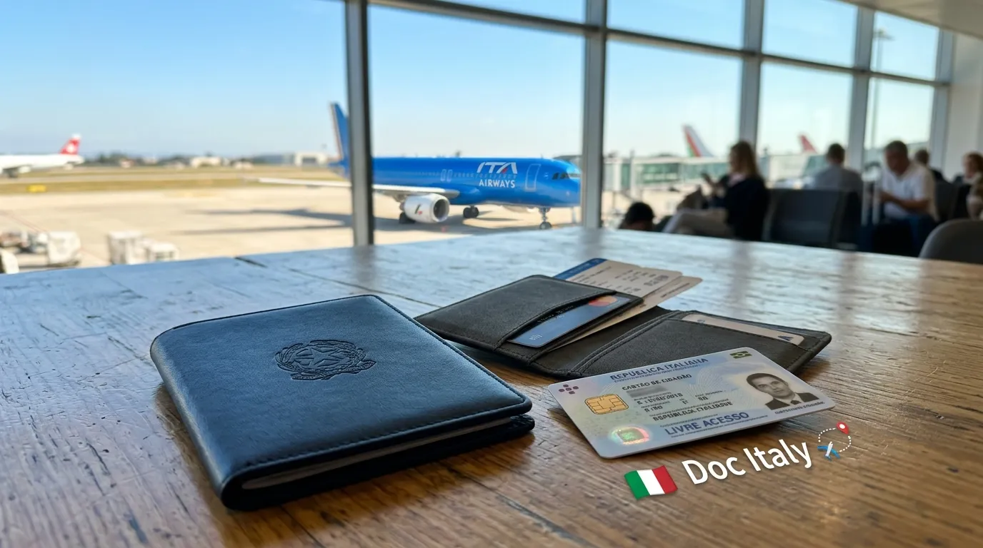 Documento de viagem europeu no aeroporto destacando a importância estratégica da CIE e por que o cidadão precisa emitir.