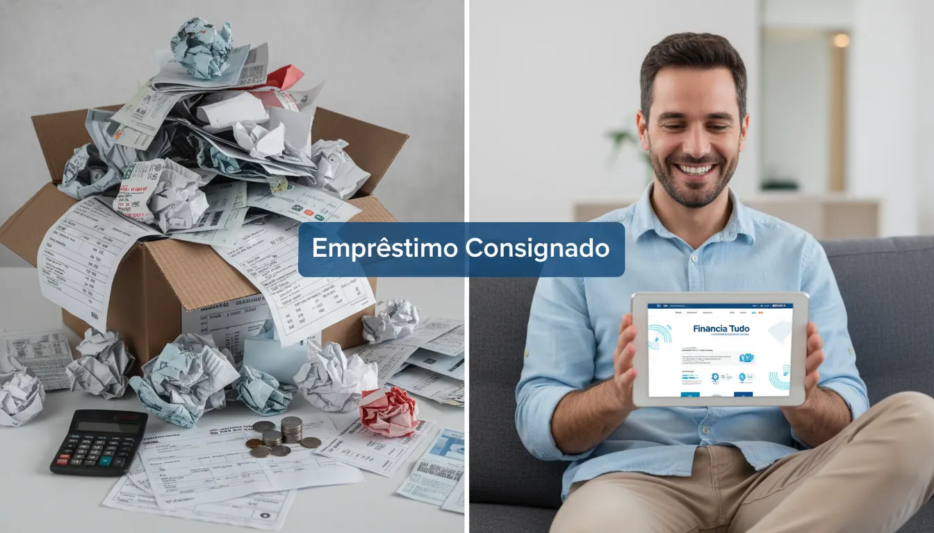 Imagem com contas representando dívida de um lado e uma pessoa sorrindo ao usar o site da Financia Tudo no tablet, buscando alternativas e entendendo como funciona o credito consignado.