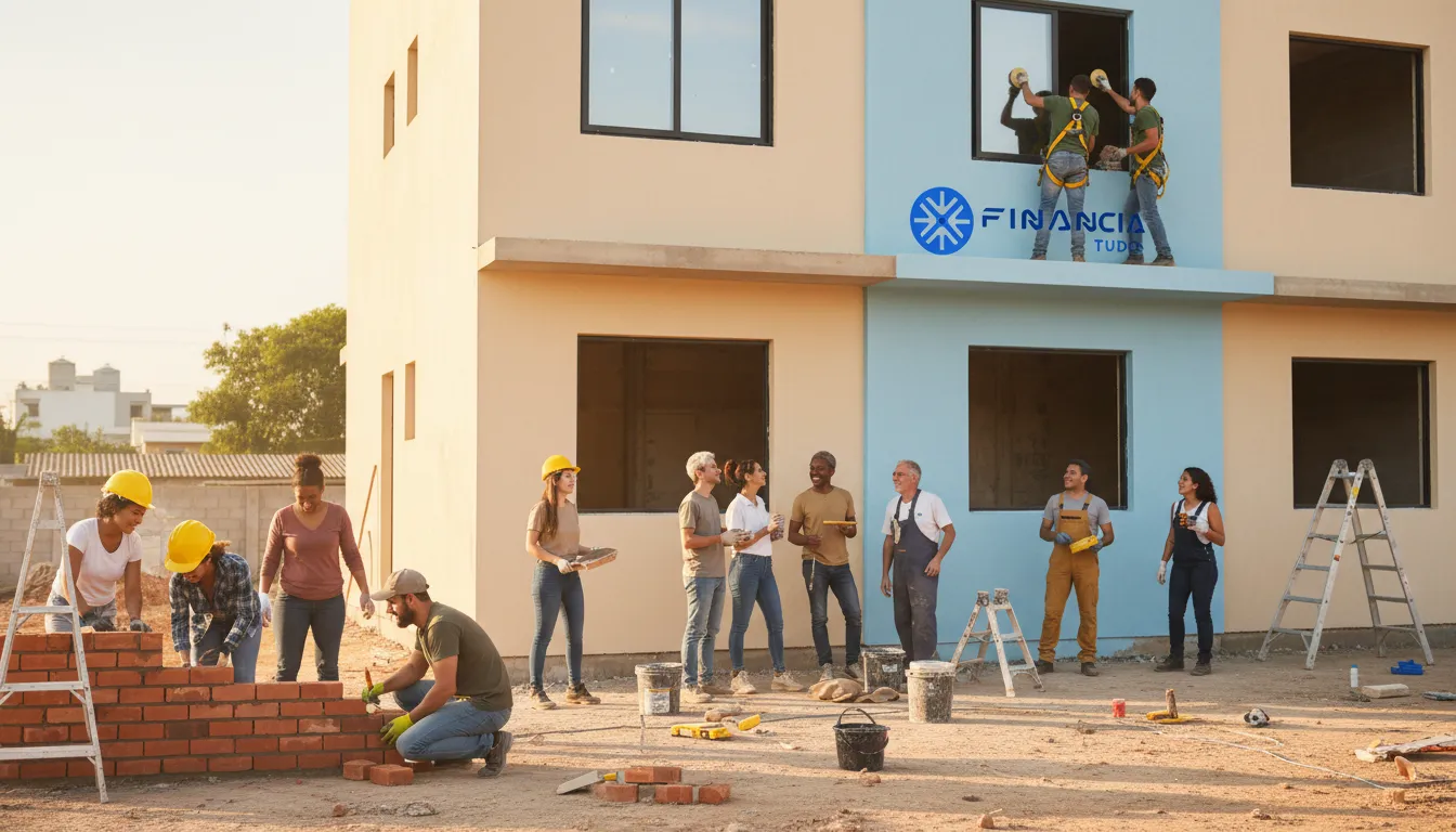 Equipe unida trabalhando em obra quase finalizada, simbolizando o esforço coletivo para terminar obra sem dinheiro e realizar sonhos.