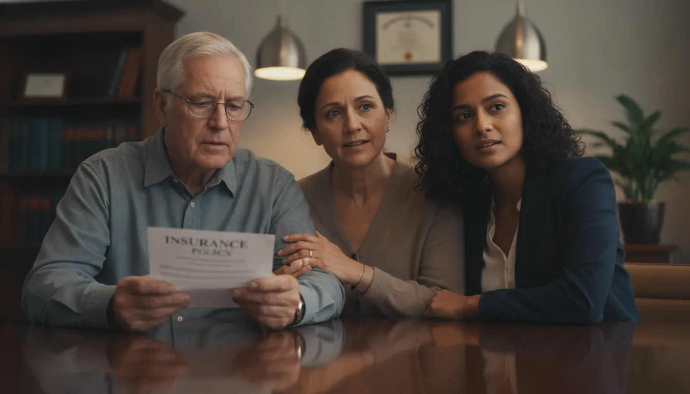 Família preocupada ouvindo advogado em Matão sobre ação plano de saúde. Expressões de esperança e atenção.