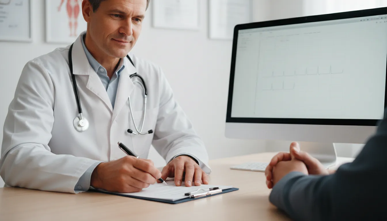 Médico em consulta atenta com paciente durante perícia médica INSS, focando na documentação e avaliação cuidadosa.