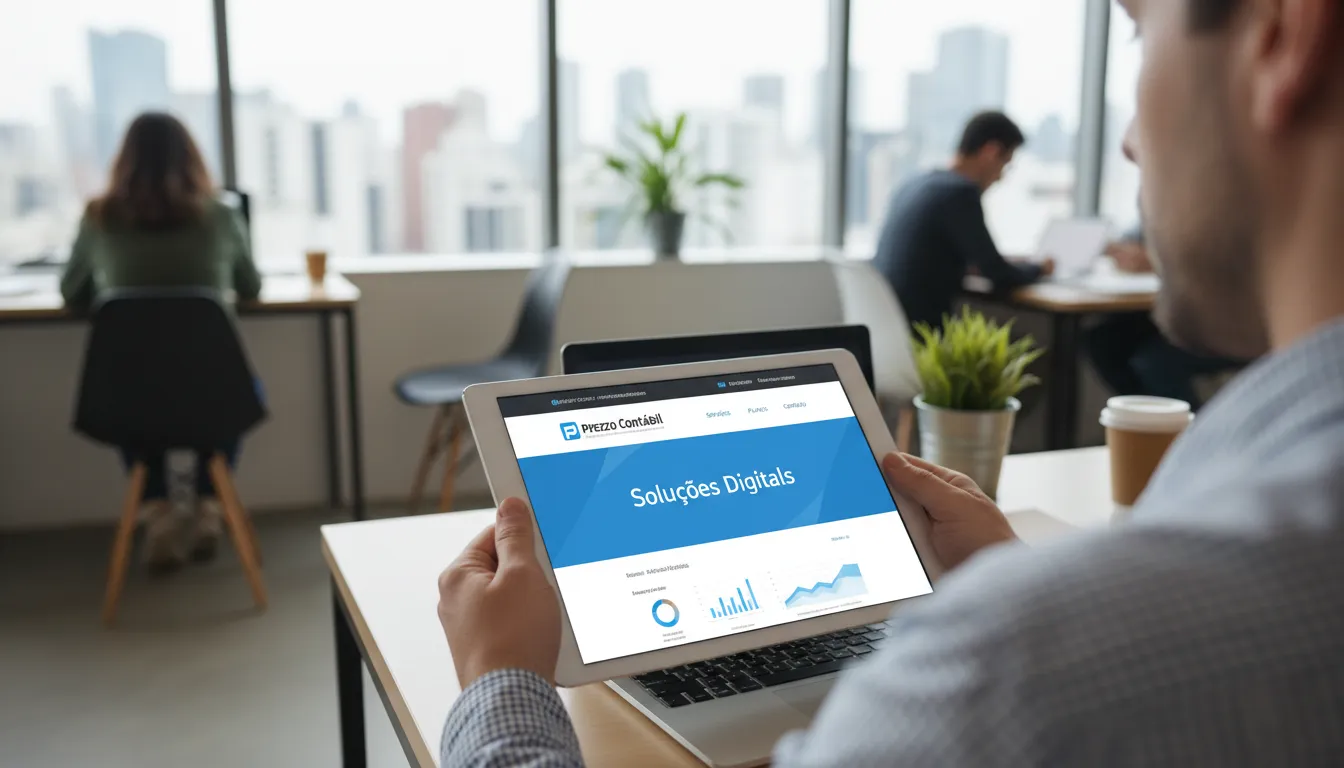 Empresário usando um tablet para analisar dados financeiros com o site da Prezzo Contábil na tela, demonstrando soluções digitais de Contabilidade na Zona Sul de São Paulo.