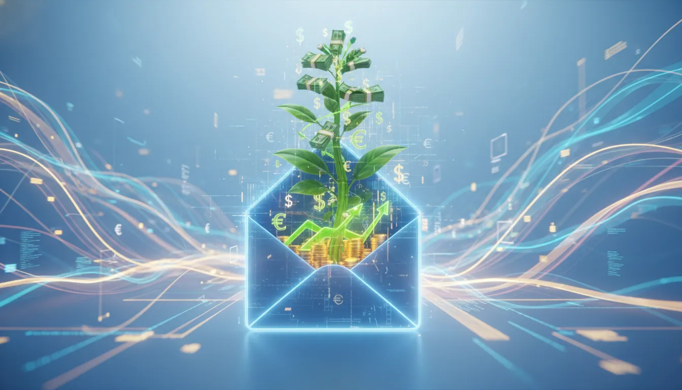 Ícone de email marketing transformando em planta ou dinheiro, simbolizando crescimento e vendas.