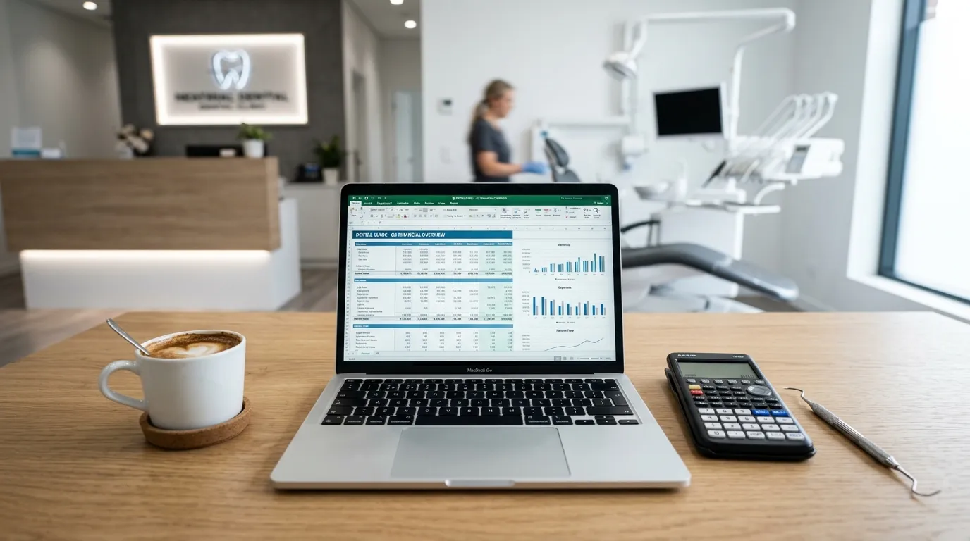 Planilhas e calculadora sobre mesa de consultorio simbolizando a contabilidade para dentistas.
