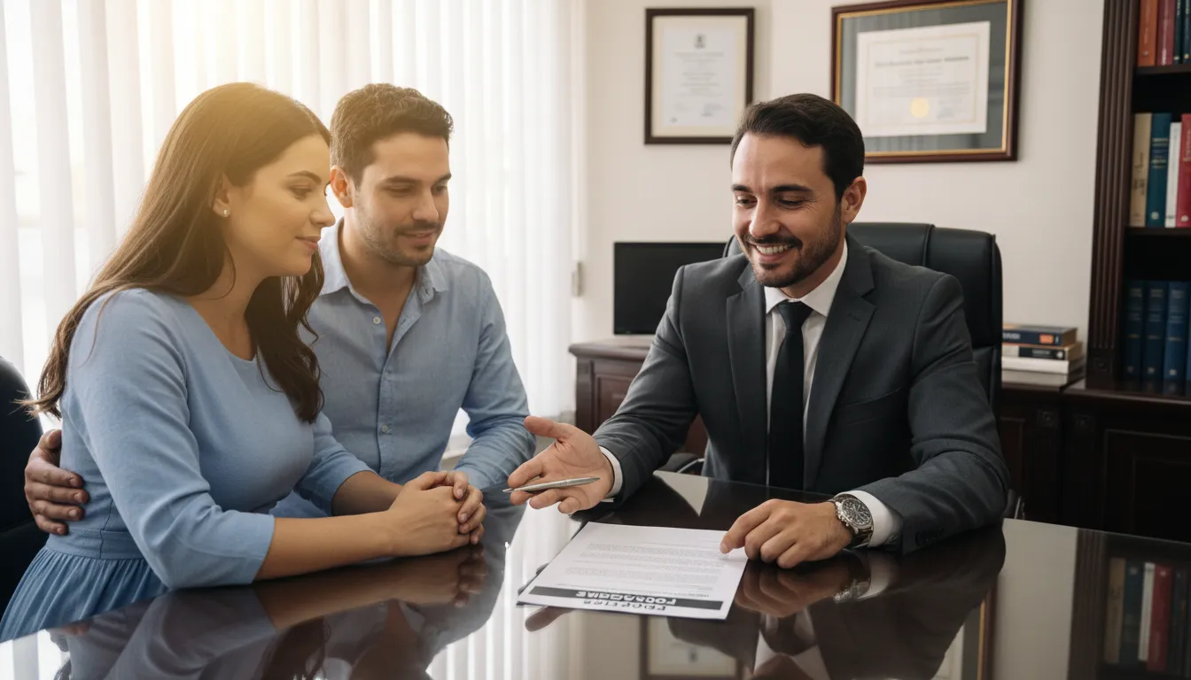 Um advogado explica o cálculo do salário maternidade valor para um casal grávido em seu escritório.