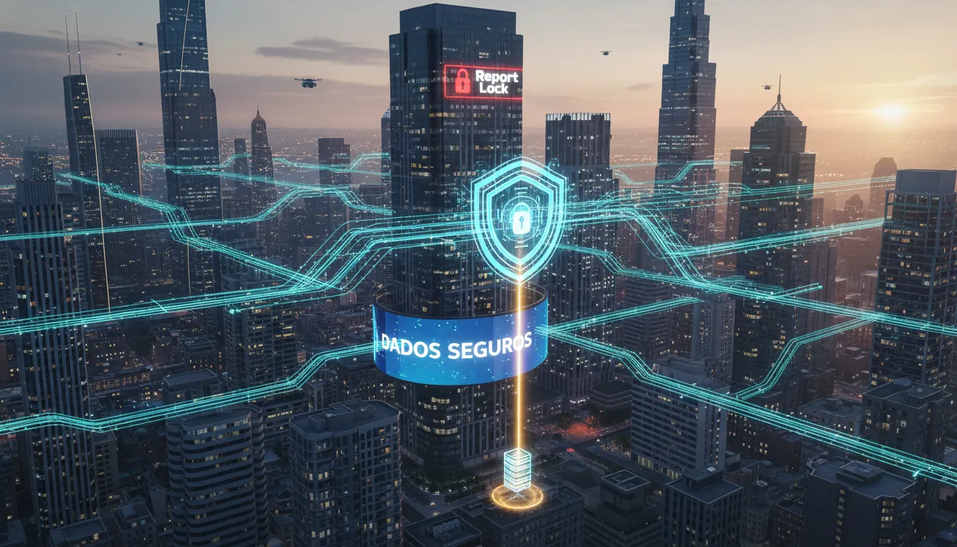 Uma cidade moderna com fluxos de dados, simbolizando o backup e recuperação de dados em grande escala para a continuidade dos negócios.