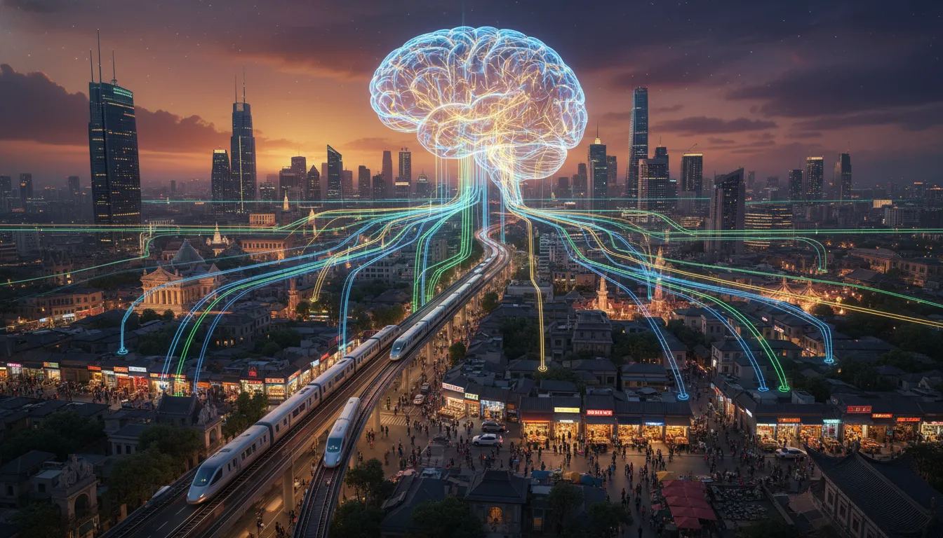 Cérebro digital com redes neurais sobre cidade, representando inteligência artificial aplicada aos negócios globais.