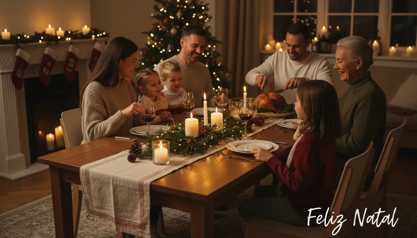Família reunida em mesa decorada com enfeites natalinos simples, arranjos naturais e luzes delicadas.