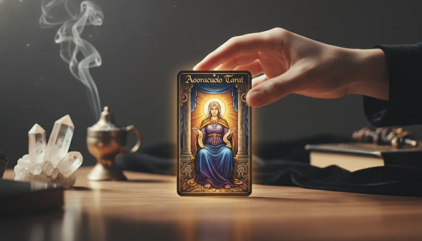 Detalhe de uma mão colocando uma carta de tarot para revolucionar vida pessoal, destacando o misticismo e a leitura do Aooraculo.