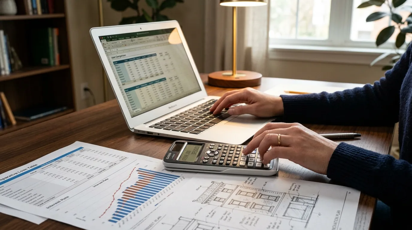 Mãos calculando custos e como comparar empréstimo para condomínio em um computador.