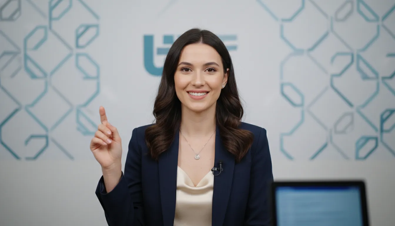 Apresentadora carismática utilizando um roteiro para vídeo empresarial, conectando-se com a audiência no YouTube de forma autêntica.