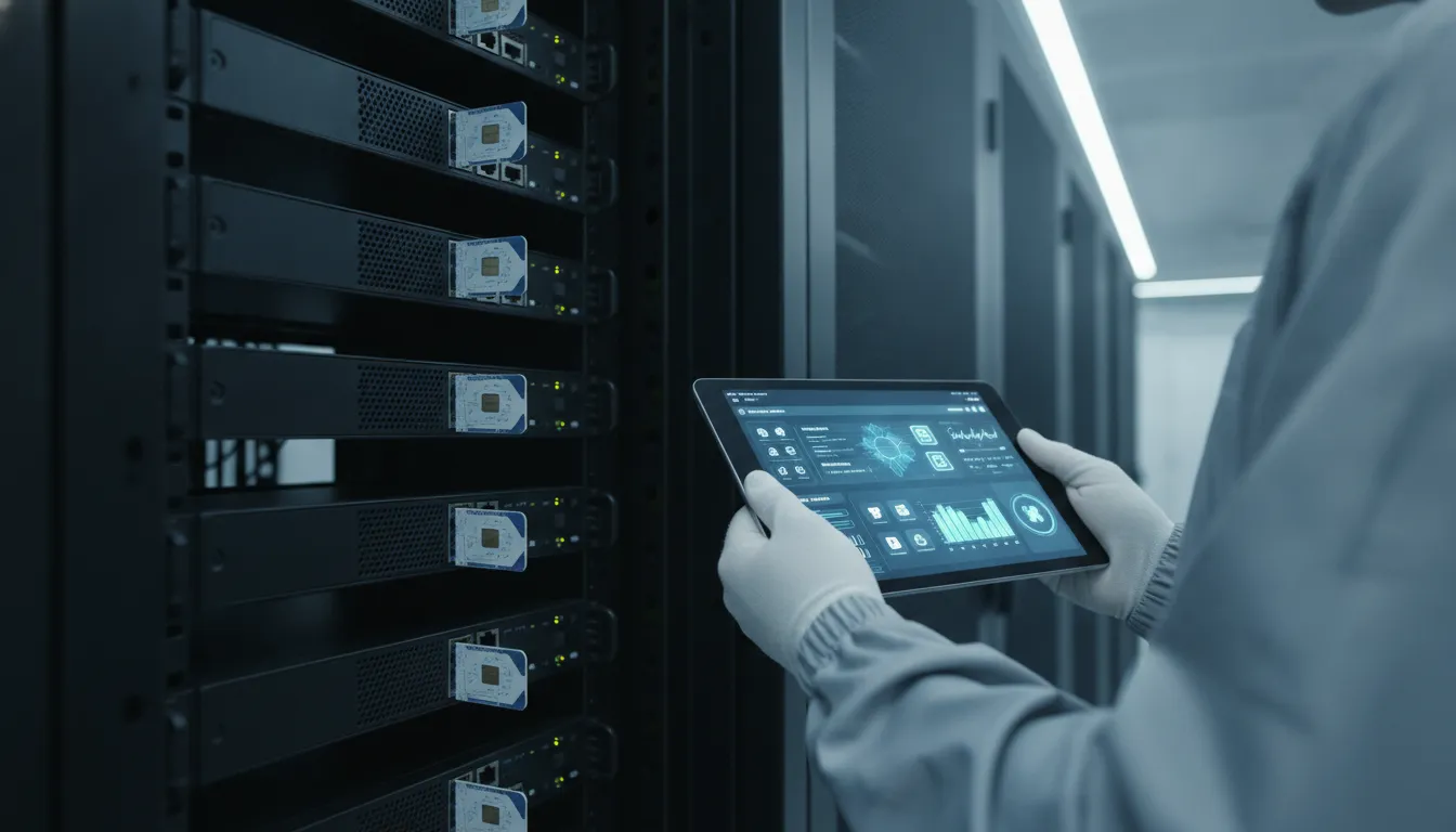 Técnico gerencia monitoramento remoto de dispositivos IoT via plataforma Datatem em um data center moderno.