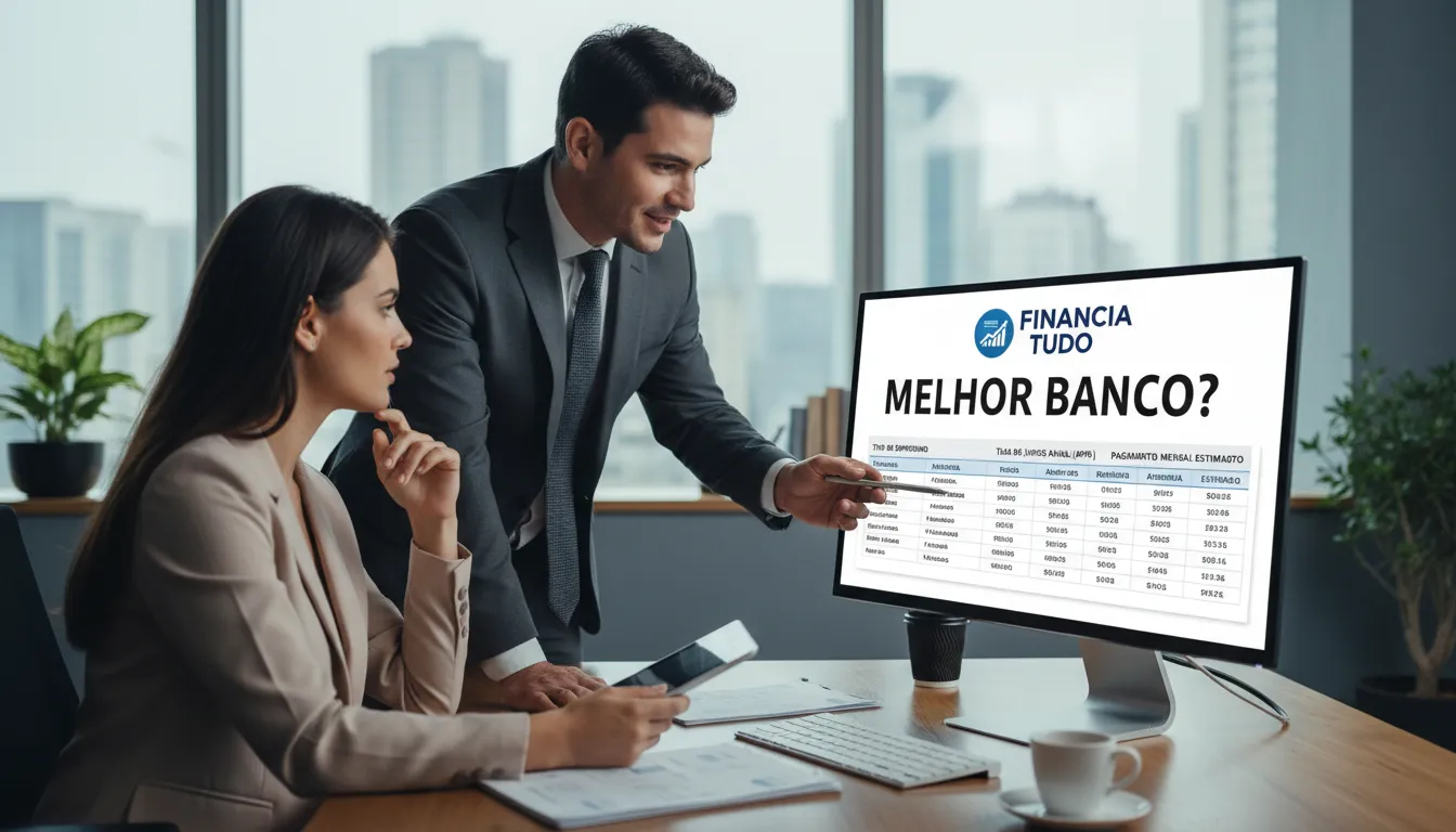 Um consultor financeiro explica as opções de empréstimo a um cliente em um escritório moderno. A imagem destaca a importância de comparar taxas para encontrar o melhor banco para empréstimo.