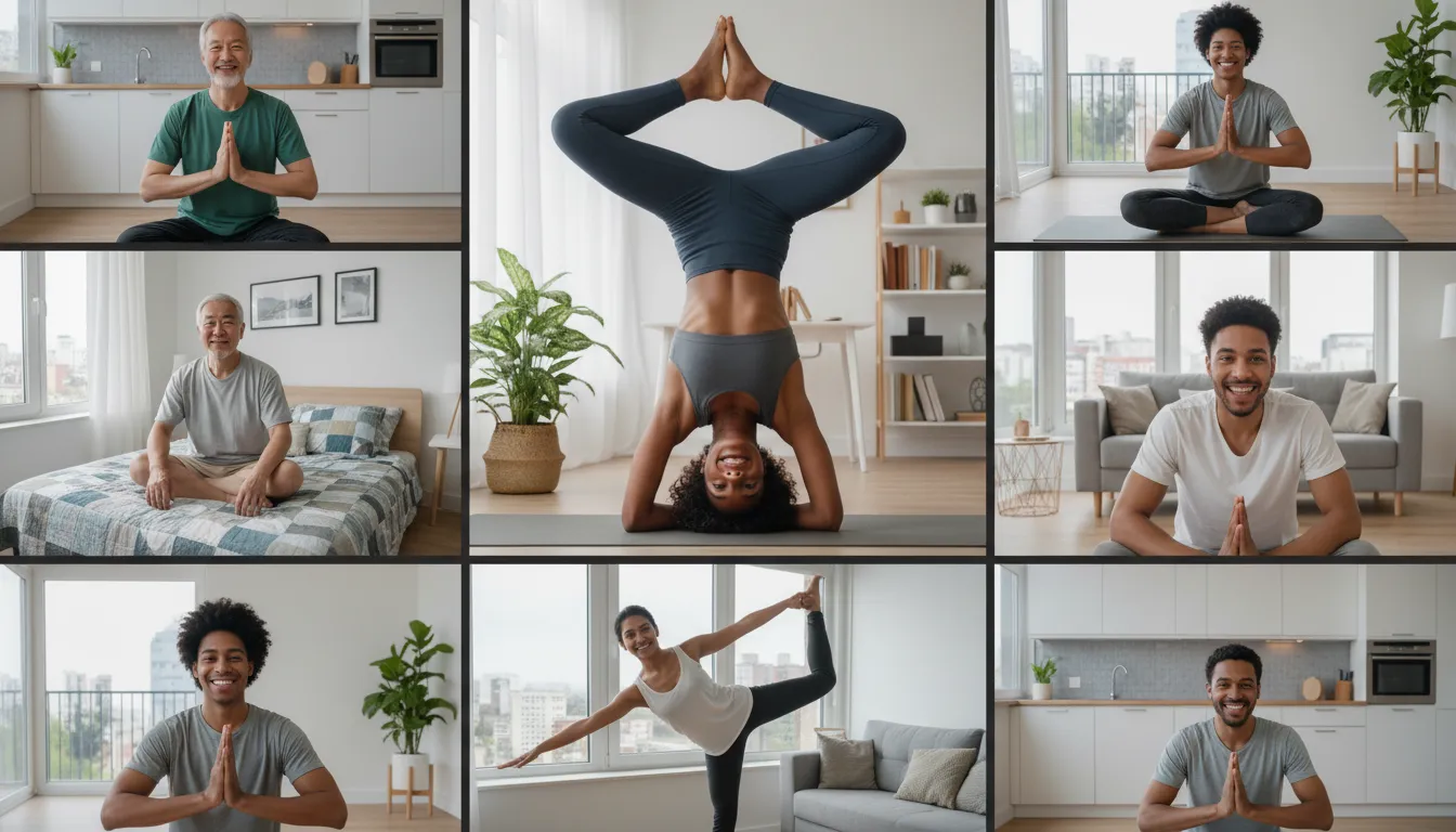 Grupo diverso praticando yoga online através de laptops e tablets, em diferentes locais de suas casas.