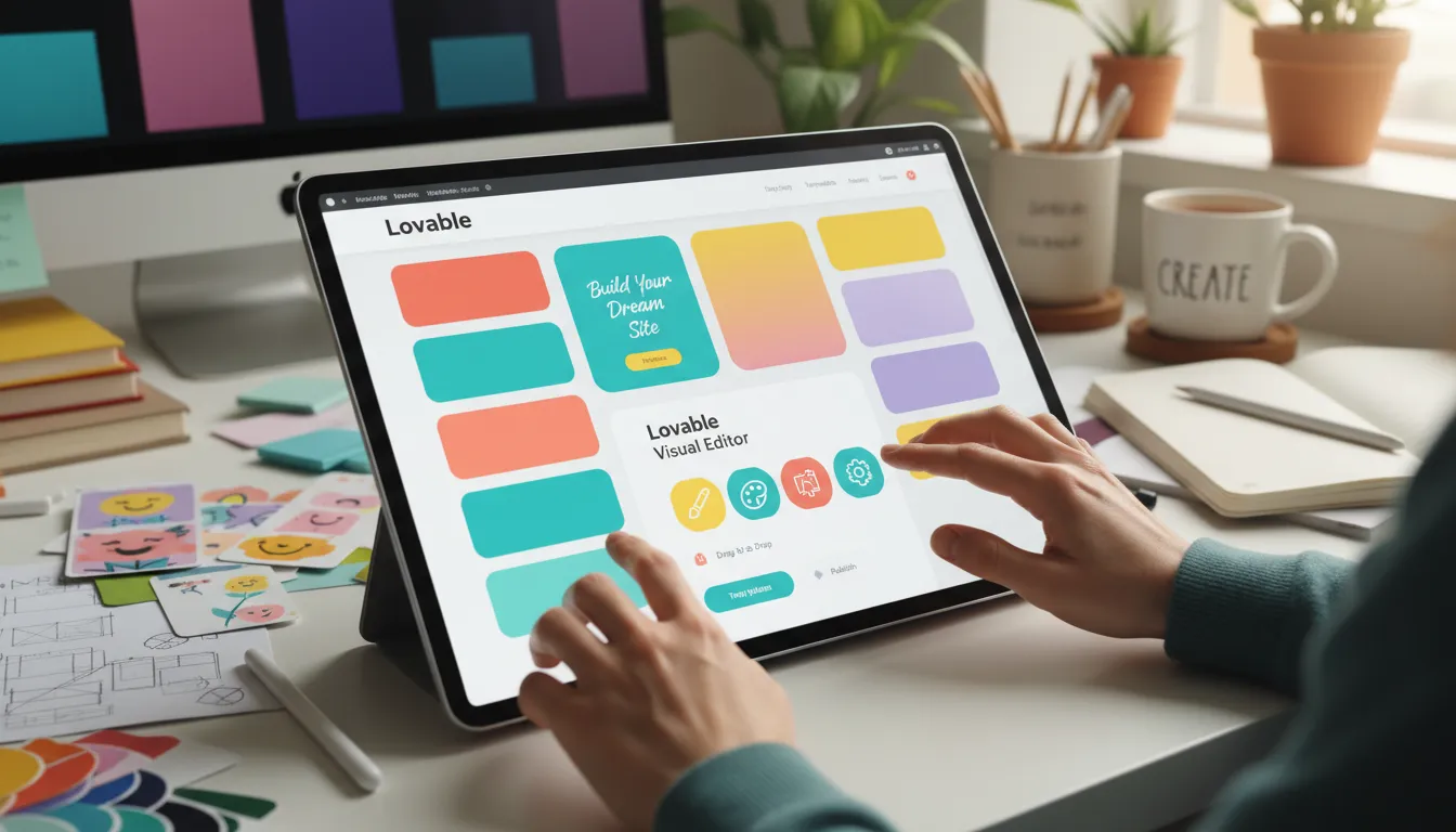 Site com Lovable vs WordPress: Qual Realmente Vale em 2026? 1 Designer cria site visualmente atraente com Lovable em tablet touch, usando editor intuitivo e ferramentas criativas.