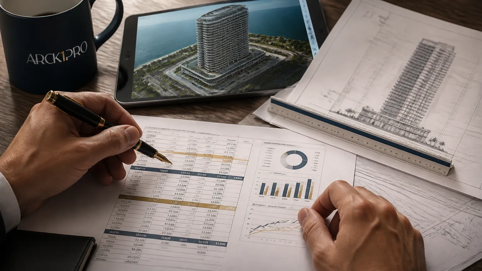 Detalhamento financeiro calculando VGV, custo de obra e margem de projeto imobiliário.