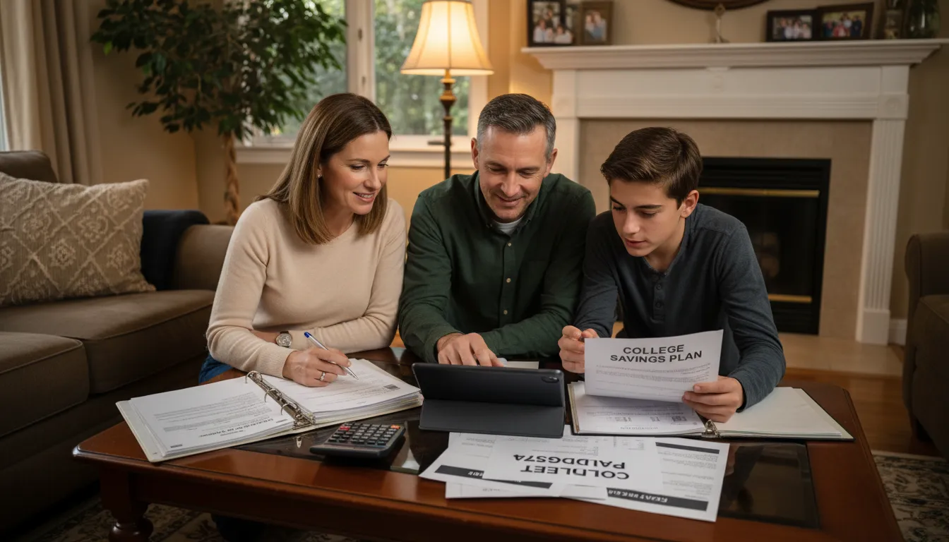 Família dialogando sobre finanças na sala, clima positivo, papéis, calculadora e tablet sobre a mesa.