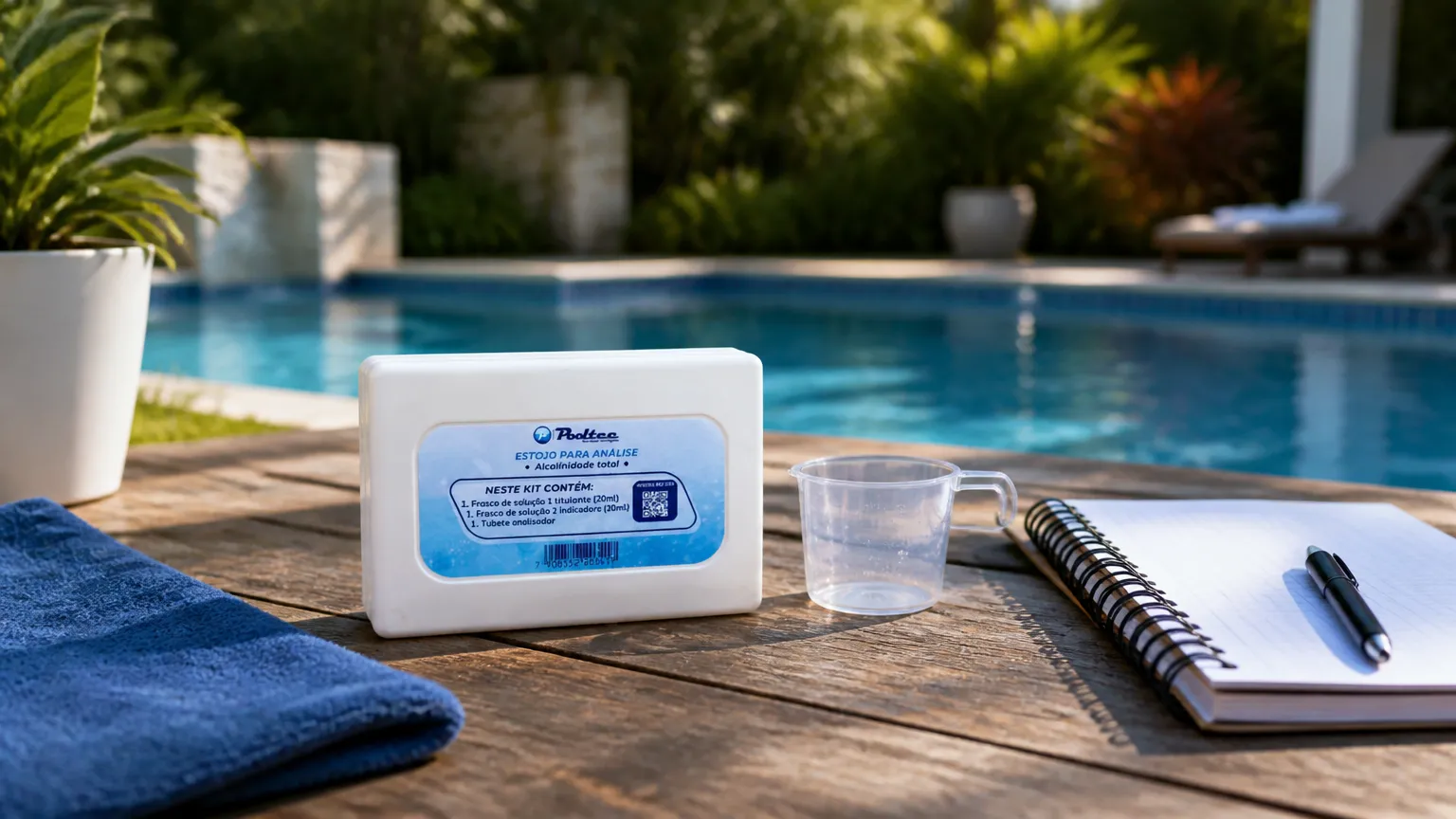 Manutenção correta da alcalinidade da piscina com produto regulador e dosador na bancada.