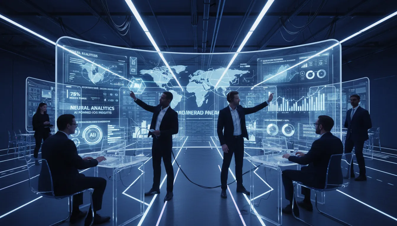 Como Fazer Site em 2026: O Guia Completo para Não Cair em Armadilhas 2 Equipe de desenvolvedores em frente a tela mostrando estatísticas mobile e gráficos de IA em ambiente inovador