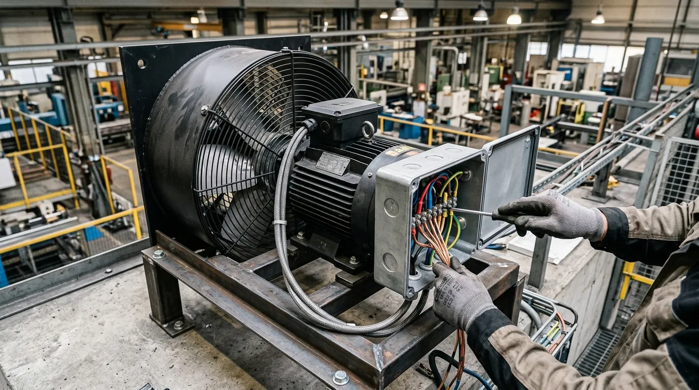 Fiação elétrica no processo de como instalar exaustor industrial em fábrica.