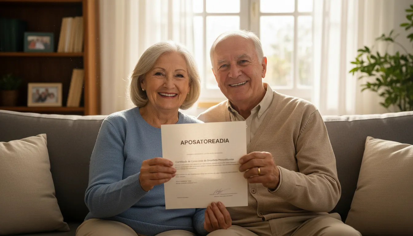 Casal de idosos feliz e tranquilo em casa, segurando documento de aposentadoria conquistada.