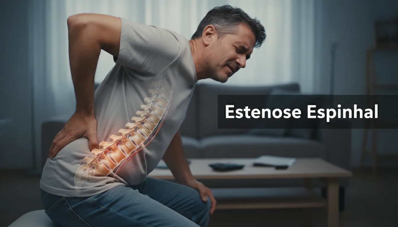 Ilustração realista de uma pessoa sentindo dor nas costas, representando a estenose do canal vertebral e o desconforto causado pela condição.