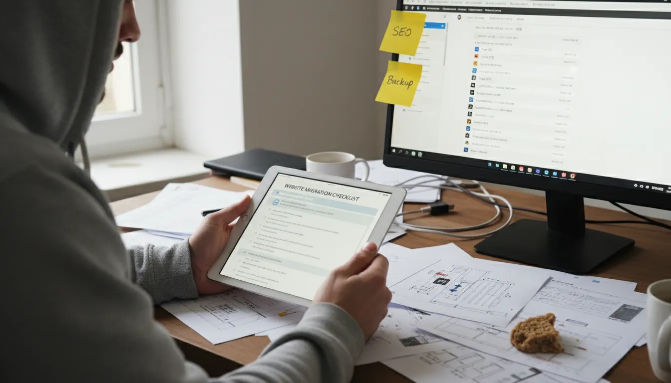 Migrar de Wix para WordPress em 2026: Guia Prático 1 Profissional revisando checklist de migração Wix para WordPress, destacando SEO, backup e redirecionamentos.