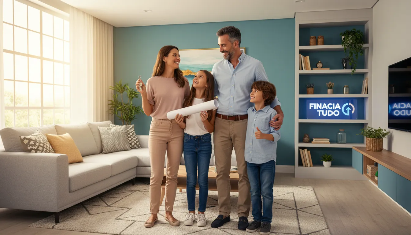Família feliz na casa reformada celebra a conquista de seus objetivos com aprovação de crédito com garantia.