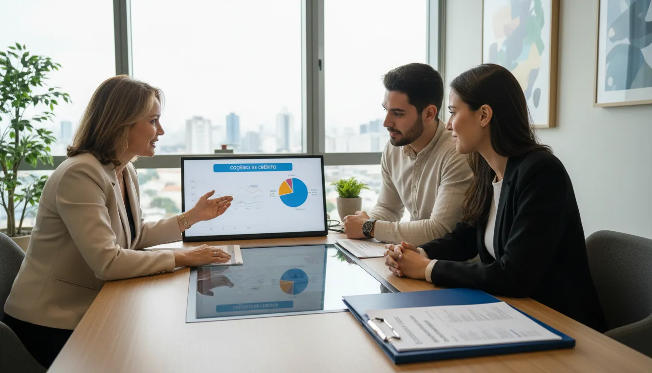 Consultor financeiro orientando casal jovem sobre consórcio e financiamento com documentos e gráficos na mesa.