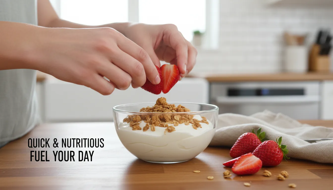 Lanche nutritivo sendo preparado com iogurte, morangos e granola