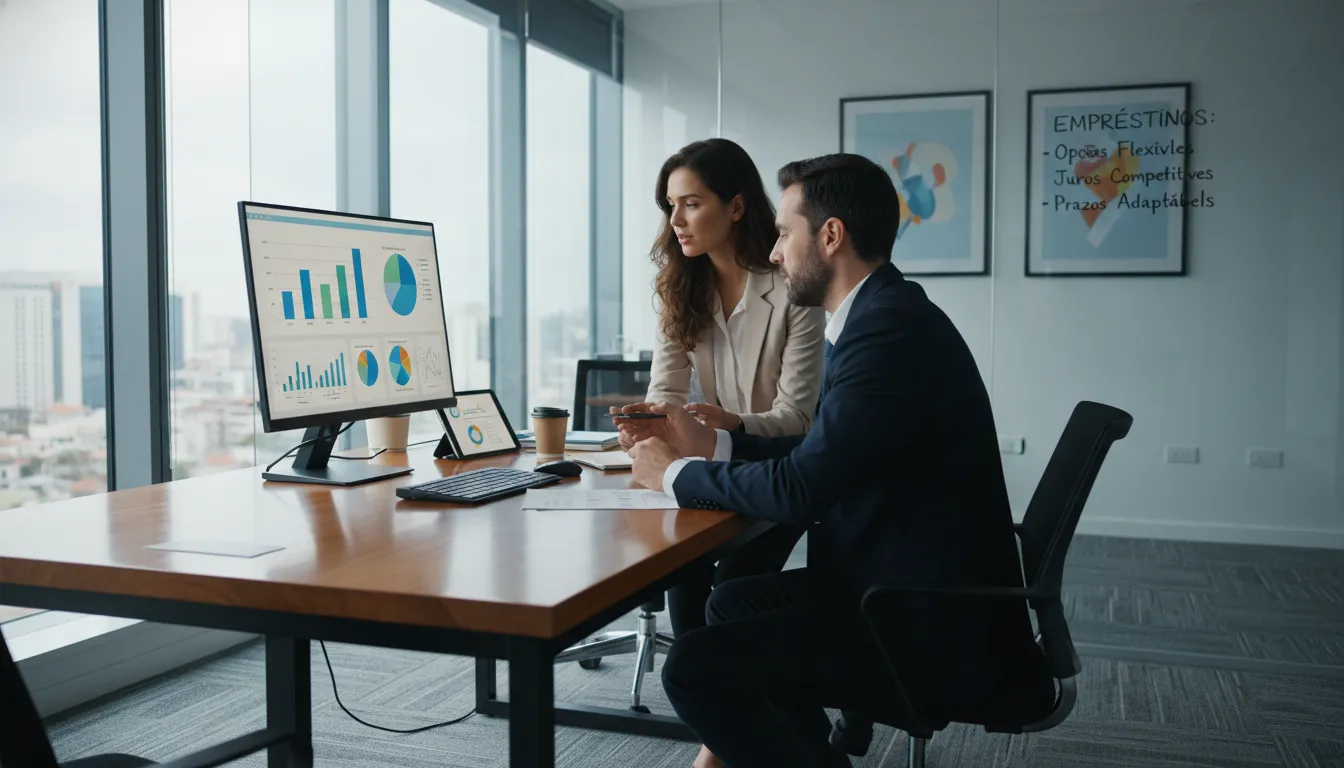Consultor financeiro apresentando propostas de empréstimo com garantia de veículo a clientes em escritório moderno.