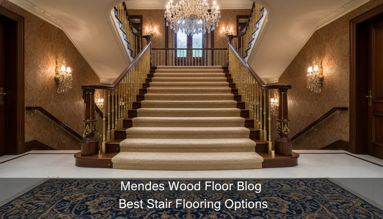Luxurious carpeted stair flooring with elegant lighting and ornate wall decor, focusing on the soft, comfortable texture and opulence. Best stair flooring solution.
