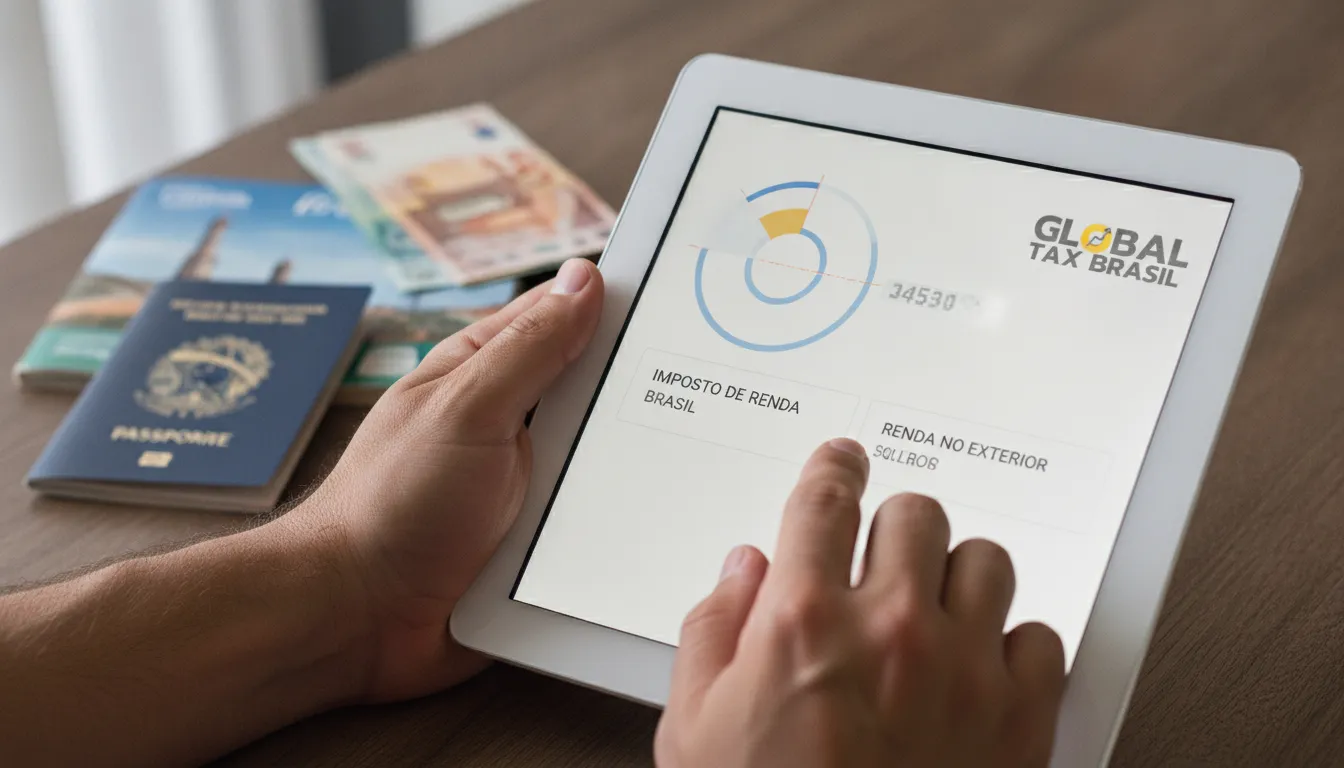 Mãos digitam imposto de renda Brasil em tablet, com passaporte e moeda estrangeira ao fundo, focando tributação exterior.