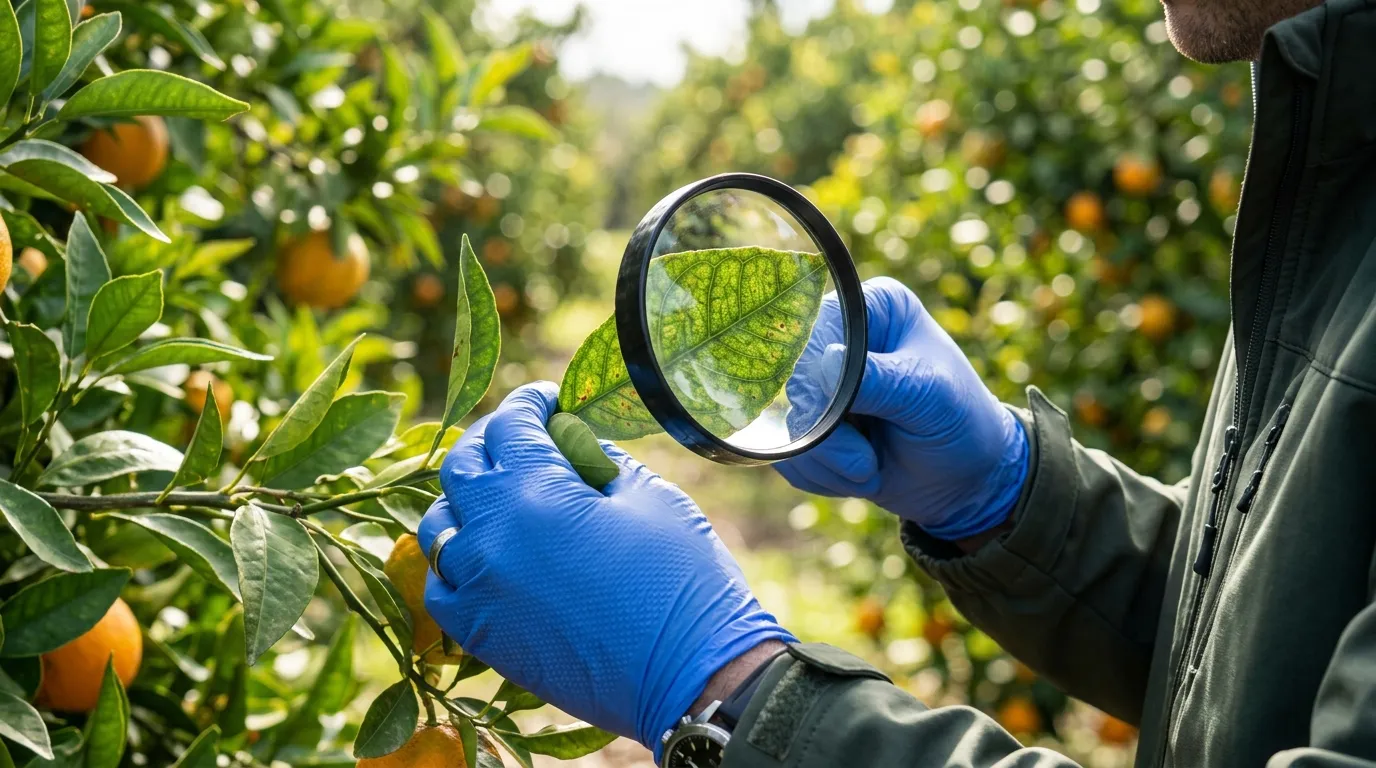 Agrônomo inspeciona folha de laranjeira buscando controle eficiente de insetos.