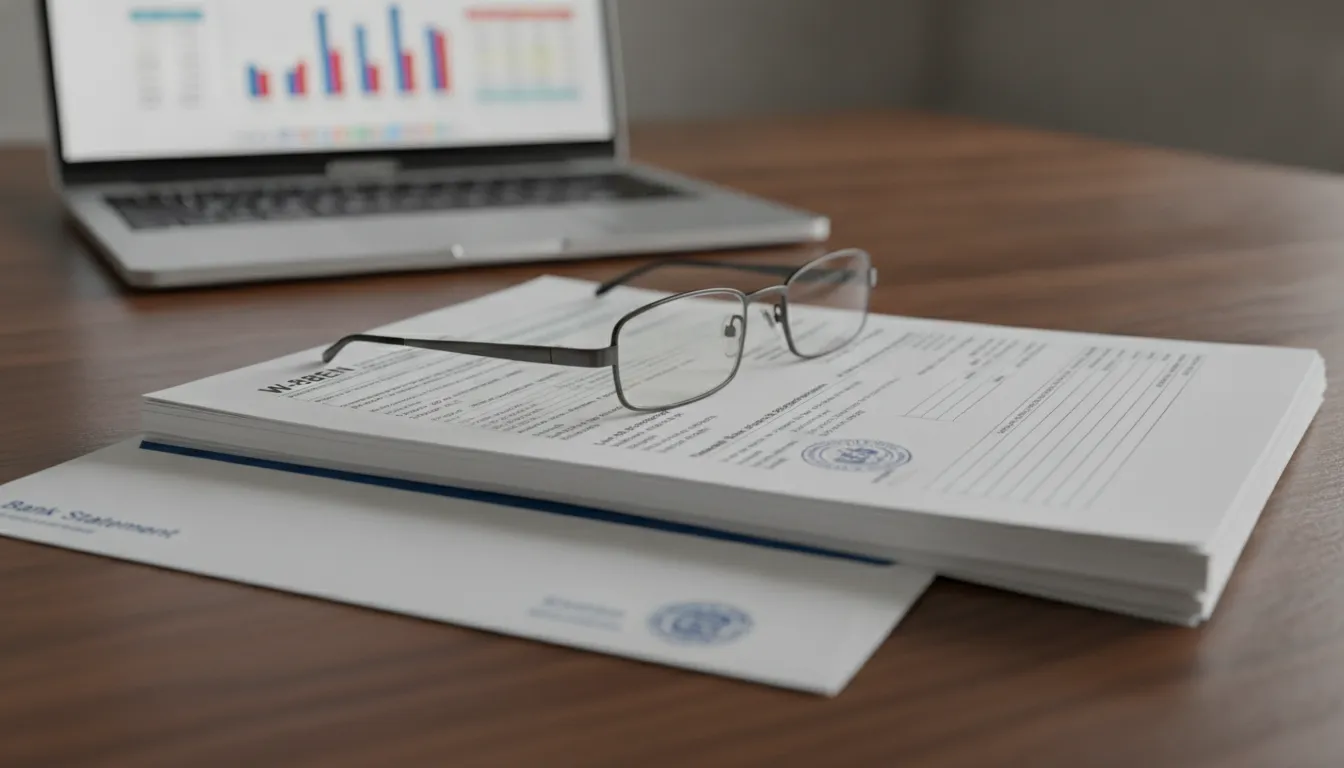 Documentos financeiros, formulário W-8BEN e laptop, representando processos para abrir conta bancaria EUA sem SSN.