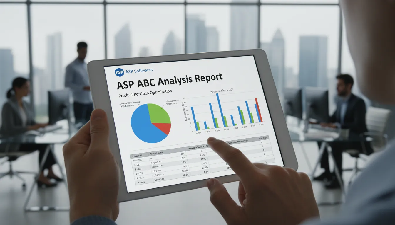 Visualização detalhada de um relatório da curva ABC em um tablet, mostrando dados de análise de produtos com a interface da ASP Softwares, destacando métricas e insights para decisões estratégicas.