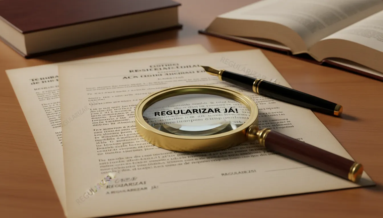 Detalhe de documentos legais com lupa, representando a análise minuciosa para processos de usucapião de imóveis empresariais.