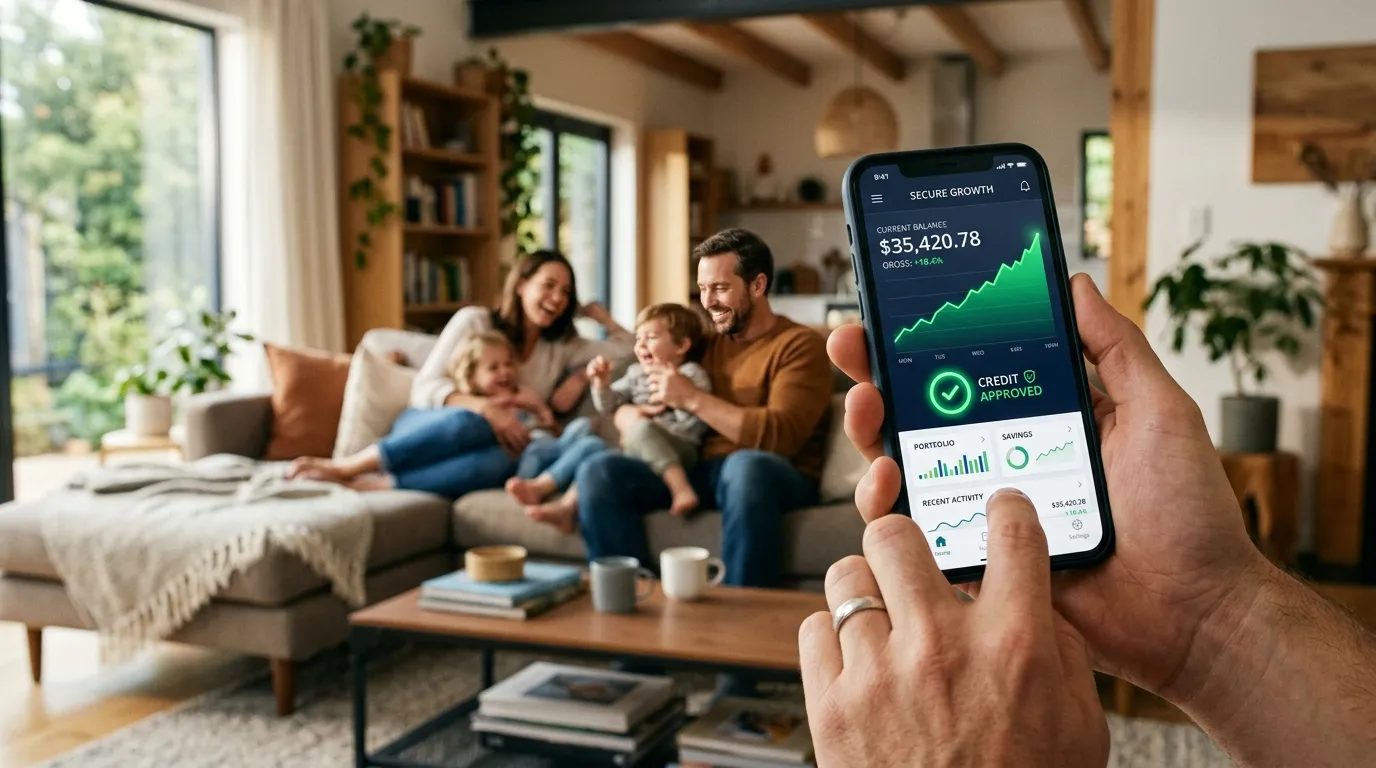 Celular exibindo aplicativo de crédito aprovado via home equity com imóvel alugado de forma ágil.