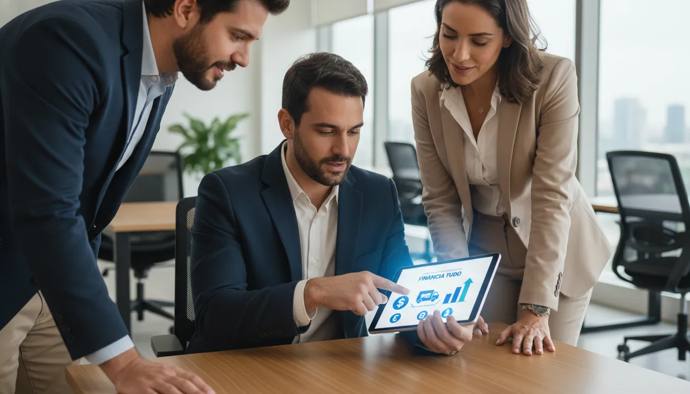 Consultores financeiros e cliente analisando opções de crédito com caminhão financiado como garantia em ambiente moderno.