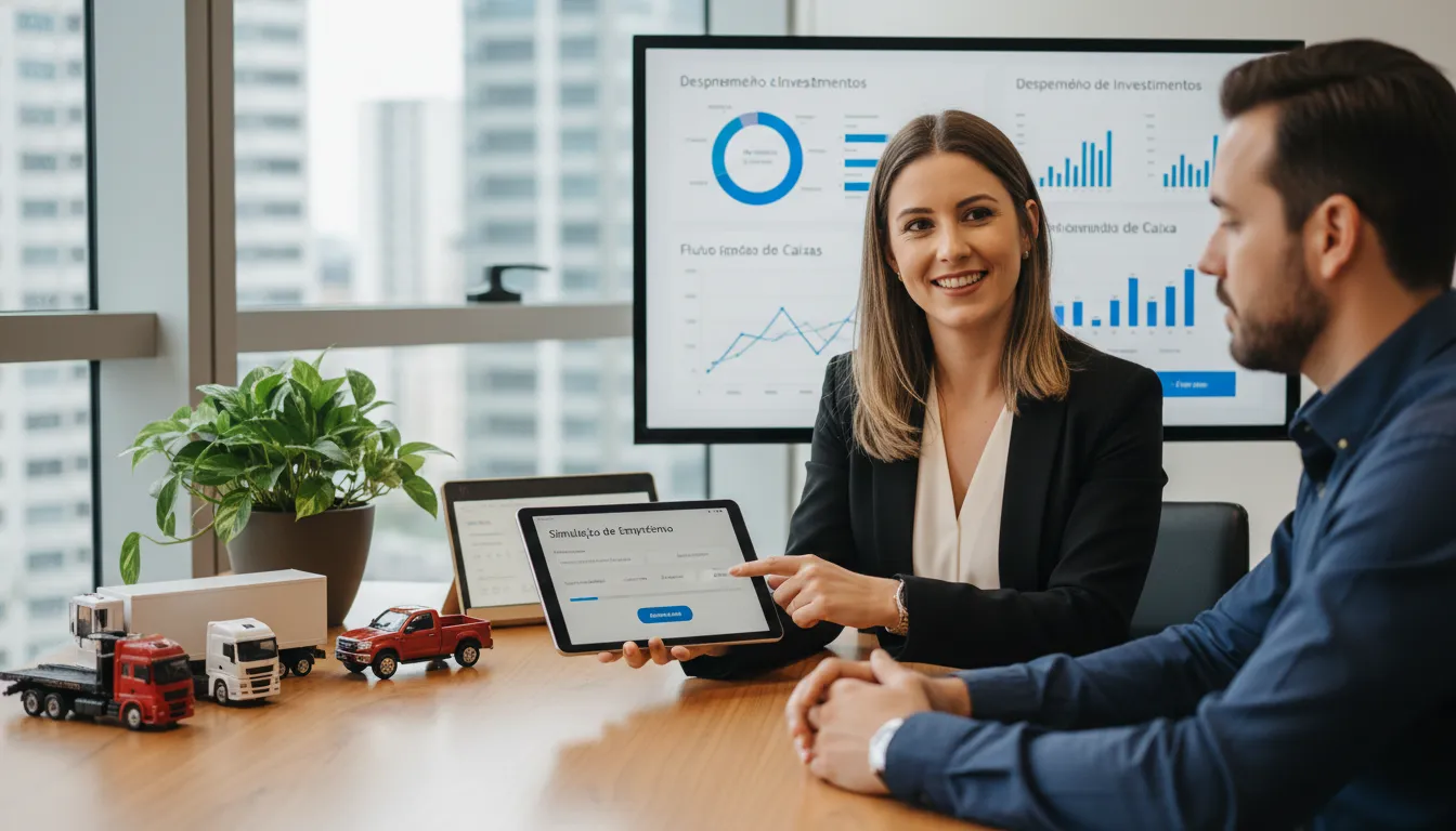 Consultor financeiro orienta cliente sobre empréstimo usando tablet e miniaturas de caminhão em um escritório.