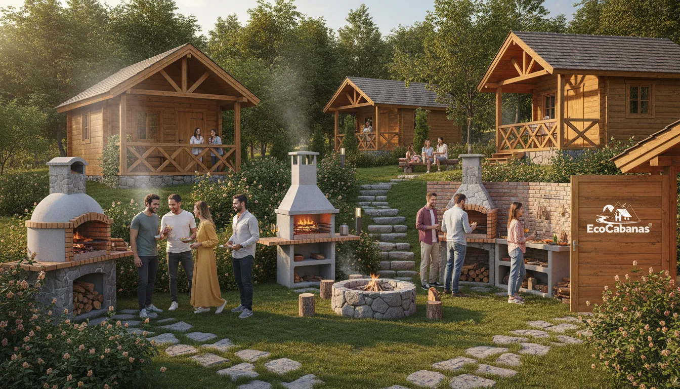 Diversos modelos de churrasqueira de alvenaria expostos em jardim, com pessoas em festa de churrasco.