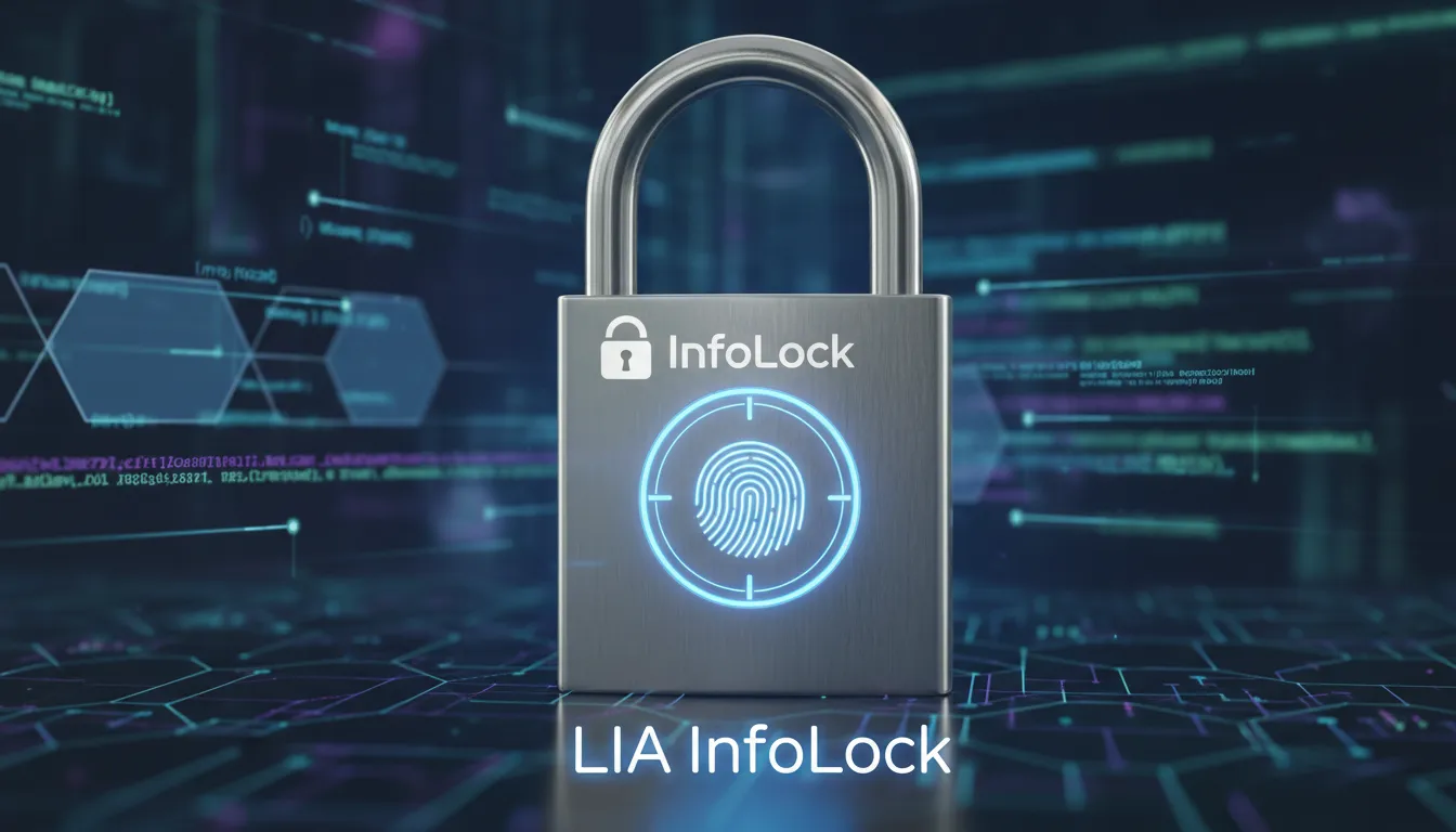 Close-up de uma fechadura com scanner de impressão digital, simbolizando acesso seguro a dados, com o logo da InfoLock e foco no legitimo interesse lgpd.